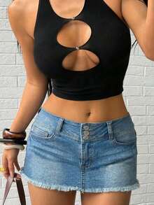 SHEIN Jeanoir Women's Y2K Casual Fashionable Street Chic Daily Commute Frayed Hem Low Waist Denim Mini Skirt (Belt Not Included) - Light Wash - View 1