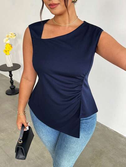 Firerie Blusa de moda con cuello asimétrico y fruncido en unicolor para mujer de talla grande