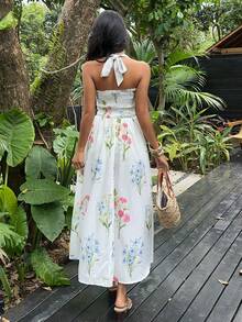 Sunnyshic Spring & Summer Ruched Floral Vacation Style Spaghetti Strap Bustier Dress, Botanical Print Lace Bow Tie Waist Slimming Dress - White - View 2