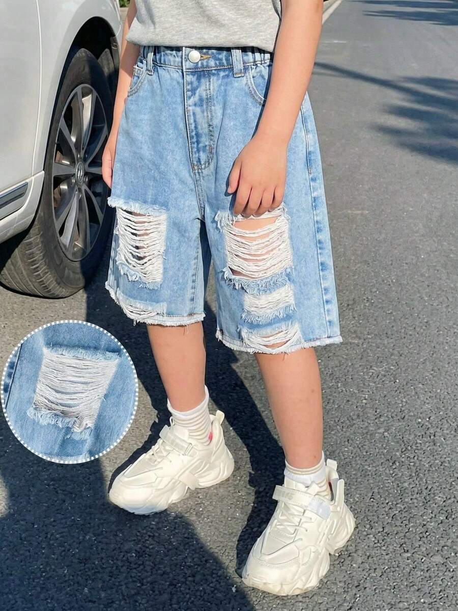 SHEIN 男童做旧牛仔短裤，Y2K学院风，时尚街头风，修身剪裁，浅蓝色水洗，休闲日常穿着，舒适纯棉面料，适合上学和通勤。 - 淺色水洗藍 - 查看 1