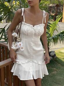 Livesso 荷叶边腰带女士迷你连衣裙 - 白色 - 查看 6