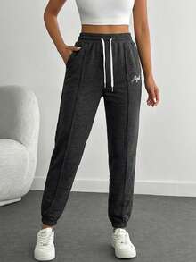 RueChic Letter Embroidery Drawstring Waist Sweatpants - Black - View 1
