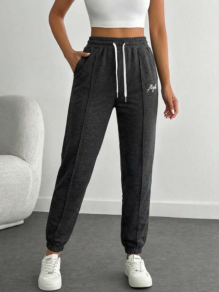 RueChic Letter Embroidery Drawstring Waist Sweatpants - Black - View 1