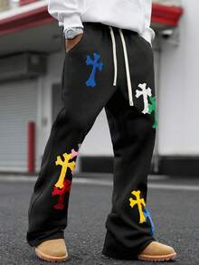 PAVTROS Men's Drawstring Waist Cross Embroidery Casual Sweatpants - Black - View 4