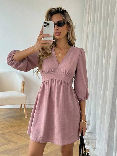 Easowa Deep V-Neck Lantern Sleeve High Waist Doll Style Dress, Special Texture Fabric, Casual Relaxed Elegant Office Commute Vintage Spring/Summer Mini Dress For Women