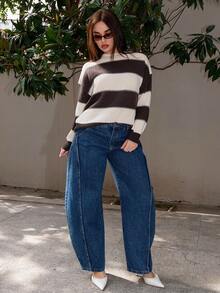 Bris Aura 条纹宽松圆领女式毛衣，长袖，秋季女装 - 咖啡棕 - 查看 3