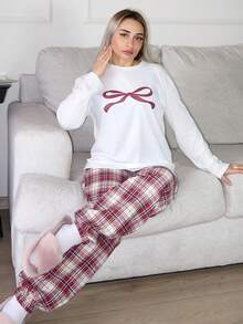 salliqueen Damen Lässig Alltags Zuhause Weihnachten einfarbig Rundhals Langarm Schleifen Muster & rotes kariertes Kordelzug Hose 2 Stücke Pyjama Set, Herbst/Winter - Rot-Weiß - Übersicht 7