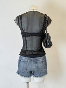 Jeanoix 女士条纹宽领可爱蝴蝶结修身休闲衬衫 - 黑色 - 查看 2