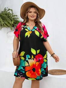 SHEIN CURVE+ Curve 尺码 US22 音乐节、海滨度假、波西米亚风印花 V 领蝙蝠袖休闲印花连衣裙，夏季 - 黑色 - 查看 7