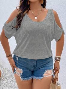 Vionelle Plus Size Casual Elegant Solid Color Off-Shoulder T-Shirt,Women Summer Cold Shoulder Tops,Grey,Summer,Smart Casual,Hiking,New Blouses For Occasion - Light Grey - View 6