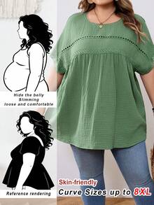 SHEIN CURVE+ 加大码 US22 音乐节、海滨度假、波西米亚风休闲纯色蝙蝠袖衬衫 夏季/乡村/海滩度假/沙滩装、夏季上衣 - 綠色 - 查看 1