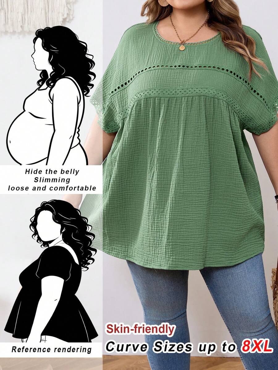 SHEIN CURVE+ 加大码 US22 音乐节、海滨度假、波西米亚风休闲纯色蝙蝠袖衬衫 夏季/乡村/海滩度假/沙滩装、夏季上衣 - 綠色 - 查看 1