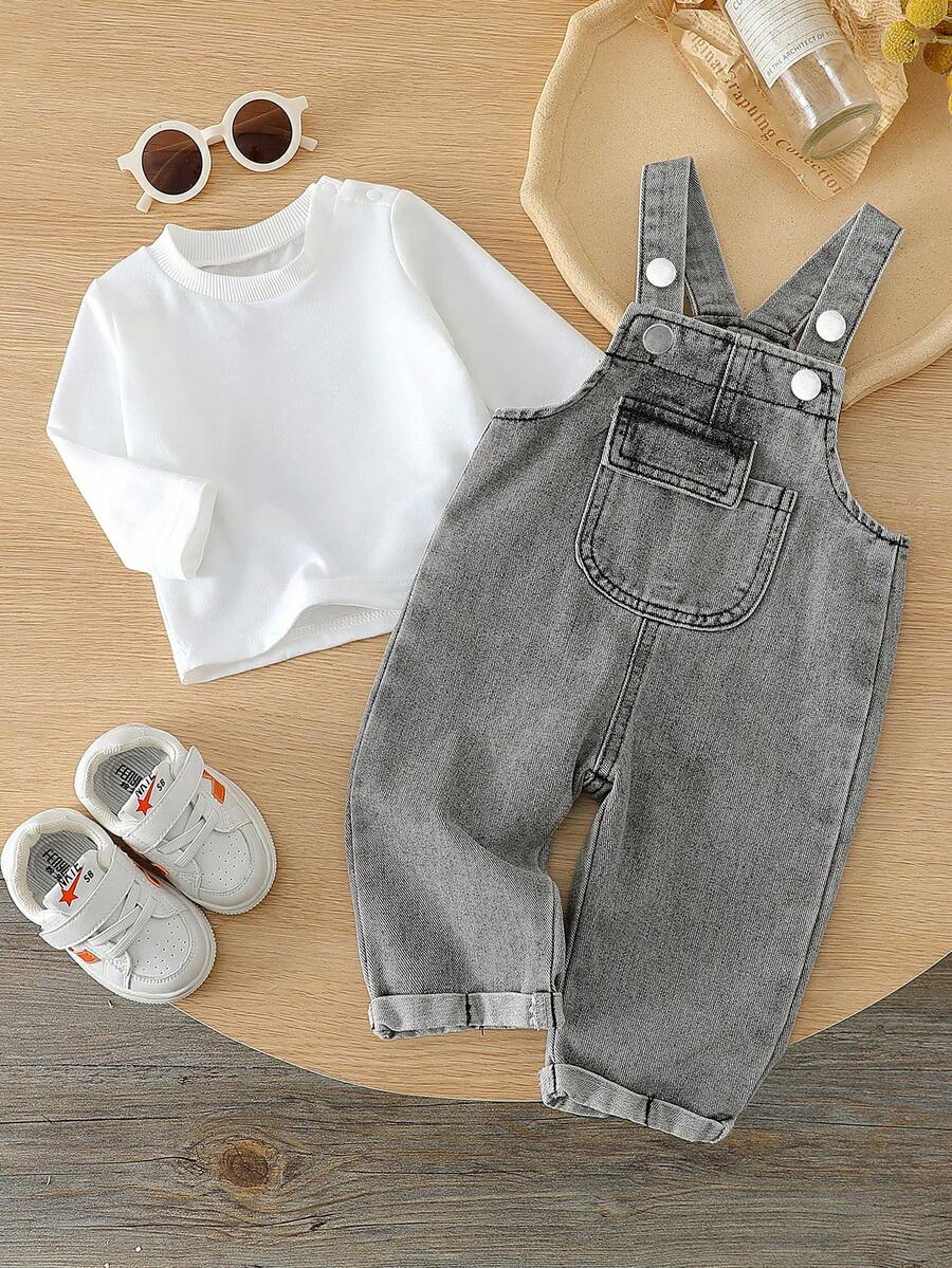 SHEIN Baby Boy White T-Shirt Paired With Denim Overalls, Suitable For Outdoor Play In Spring/Summer