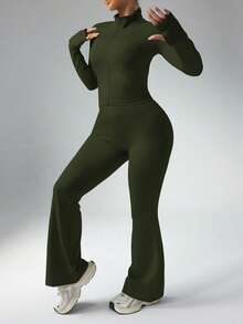 Slayform Women's Plus Size Casual Zip-Up Jacket With Thumb Hole And High Waist Flare Pants 2 Pieces Set - Army Green - View 4
