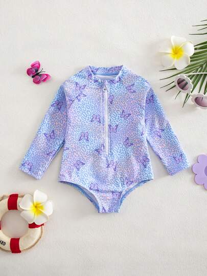 SHEIN Baby Girl Cute Colorful Leopard Print Zip-Front Long Sleeve One-Piece Swimsuit,Suitable For Swimming, Surfing, Beach, Water Park In Summer Summer Holiday