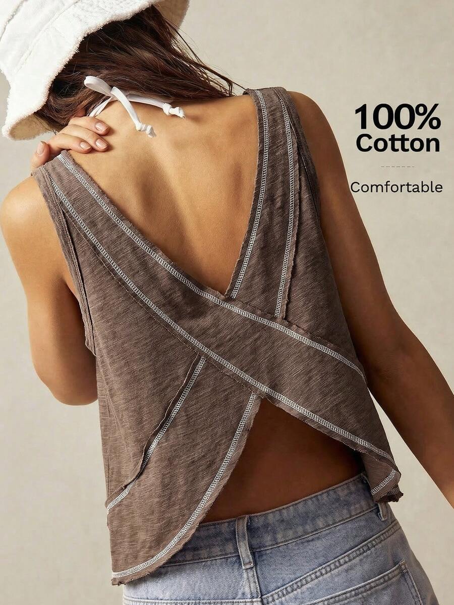 SHEIN BohoFeels Women Solid Color V-Neck Asymmetrical Hem Knit Vest,Summer Top - Coffee Brown - View 1