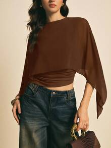 Poéselle Áo kiểu nữ màu trơn cổ tròn thiết kế bất đối xứng xếp ly thời trang - Rỉ Nâu - Xem 3