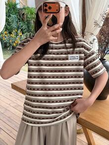 DAZY 少女条纹极简主义T恤，秋季款 - 棕色 - 查看 8