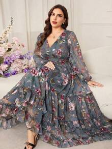 Modelyn 大码女式印花优雅收腰A字连衣裙 - 灰色 - 查看 1