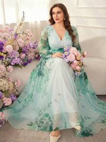Modelyn 大码女式印花优雅收腰A字连衣裙 - 綠色 - 查看 1