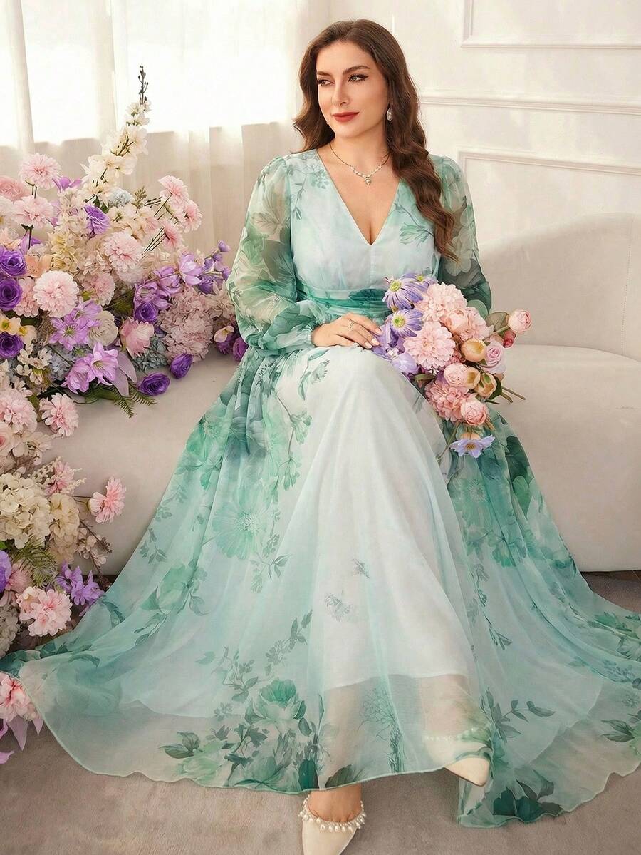Modelyn 大码女式印花优雅收腰A字连衣裙 - 綠色 - 查看 1