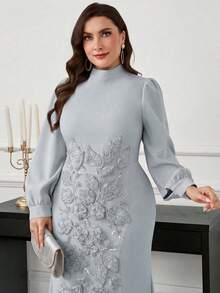 Modelyn Plus Size Women Floral 3D Decor Elegant Cinched Waist A-Line Dress - Baby Blue - View 4