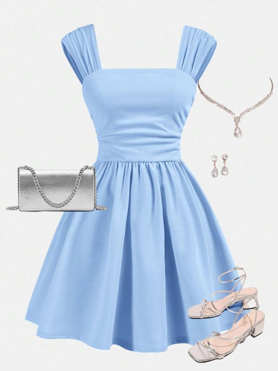 SHEIN Girlism Vestido camisero azul elegante con pliegues en los hombros y el busto, corte evasé para adolescentes - Azul - Ver 1