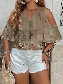EMERY ROSE Blusa holgada con estampado floral retro minimalista casual para mujeres de talla grande - Multicolor - Ver 3