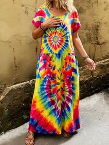 Women's Casual Tie-Dye Print Dress For Vacation - Multicolor - View 1