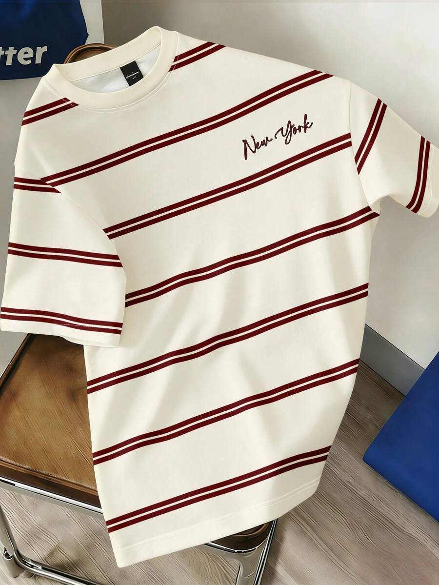 Manfinity Joysei Men's Casual Red Striped Pattern T-Shirt, Suitable For Summer, School, Outing, Friend Gift - Apricot - View 1