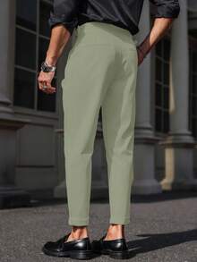 Manfinity Mode Men's Solid Color Pleated Slant Pocket Casual Pants, Formal - Army Green - View 2