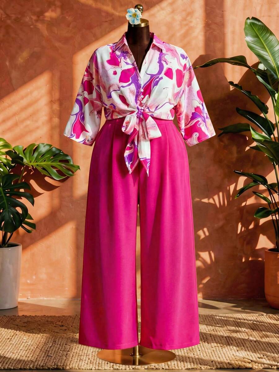 SHEIN CURVE+ Bộ áo sơ mi và quần dáng rộng phối màu tương phản, cỡ lớn, phong cách thường ngày.