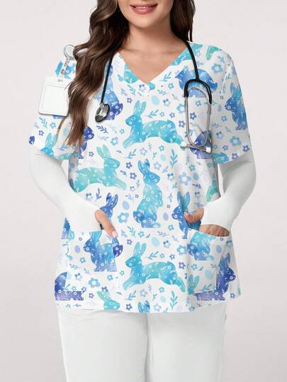 PopScrub Floral Design Ombre Blue & Purple Rabbit, Small Flower Pattern Cartoon Print V-Neck Short Sleeve Scrub Top With Pockets & Ear Loop For Women, Plus Size, Spring/Summer /Nursing Uniform, Suitable For Easter & Daily Wear