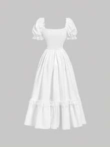 SHEIN MOD Petite 女士纯色心形领短花瓣袖前系带连衣裙 - 白色 - 查看 2