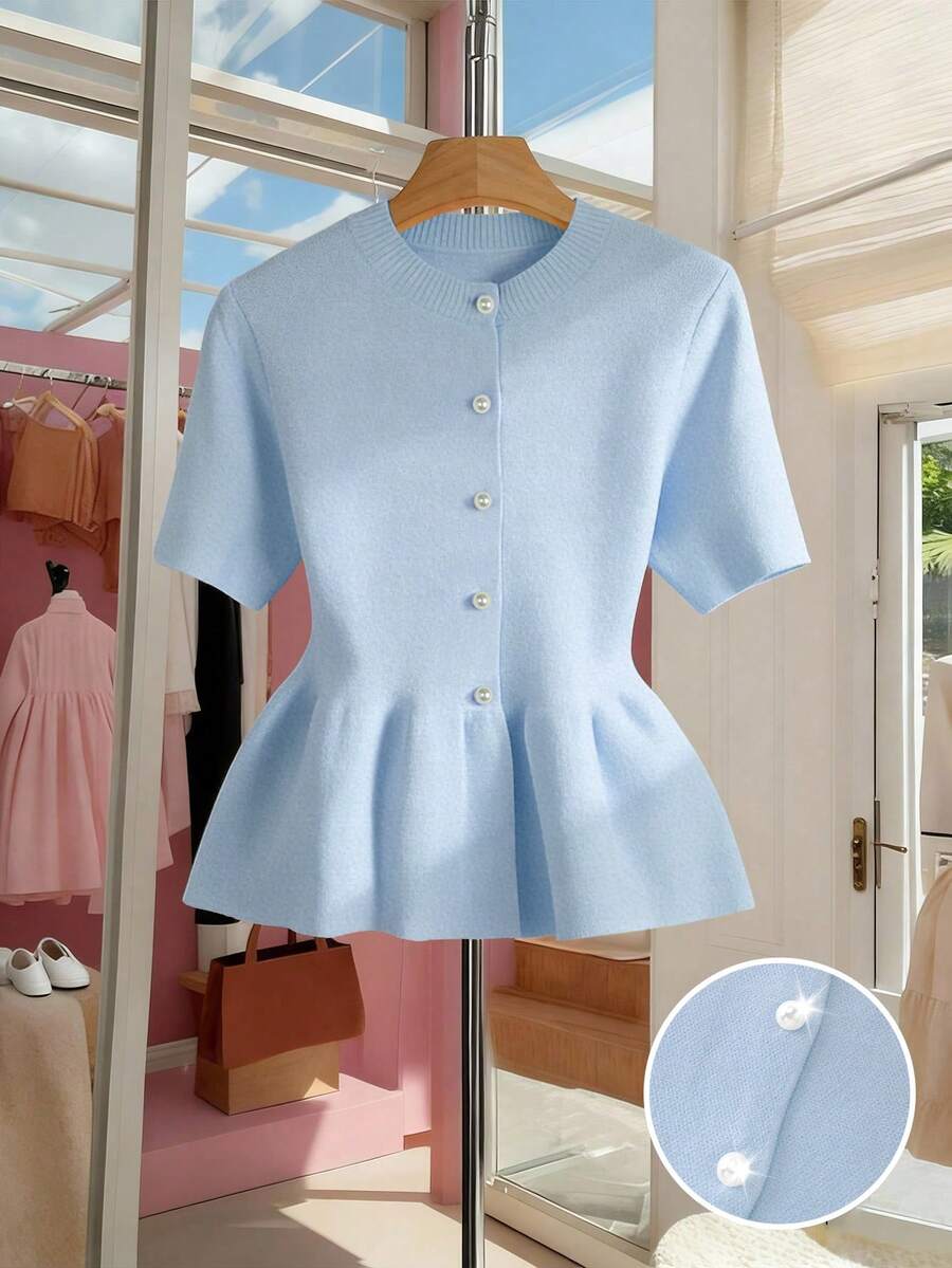 SHEIN Franclia 女士纯色圆领短袖单排扣休闲针织上衣 - 淺藍色 - 查看 1