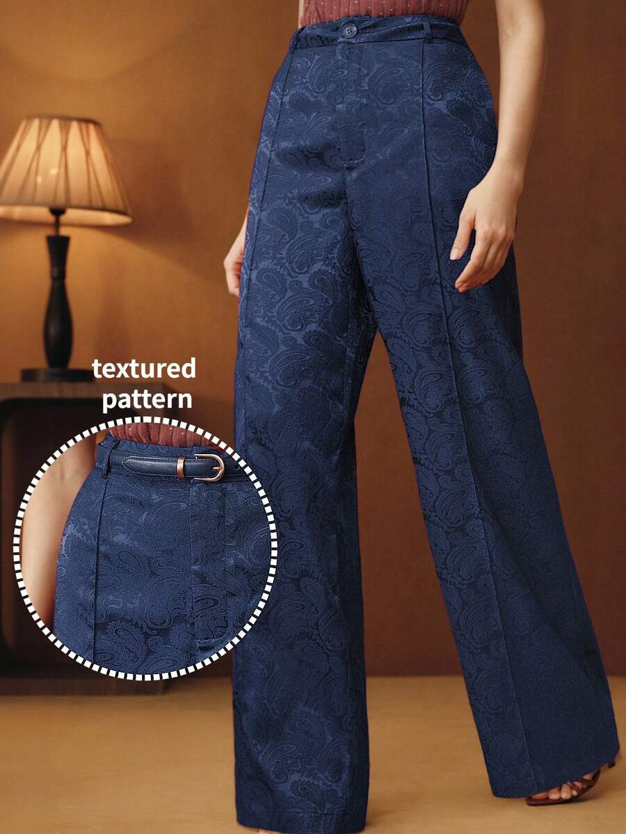 Anewsta Pantalones rectos elegantes para mujer, pantalones rectos de jacquard rojo minimalista para ir al trabajo - Azul Marino - Ver 1
