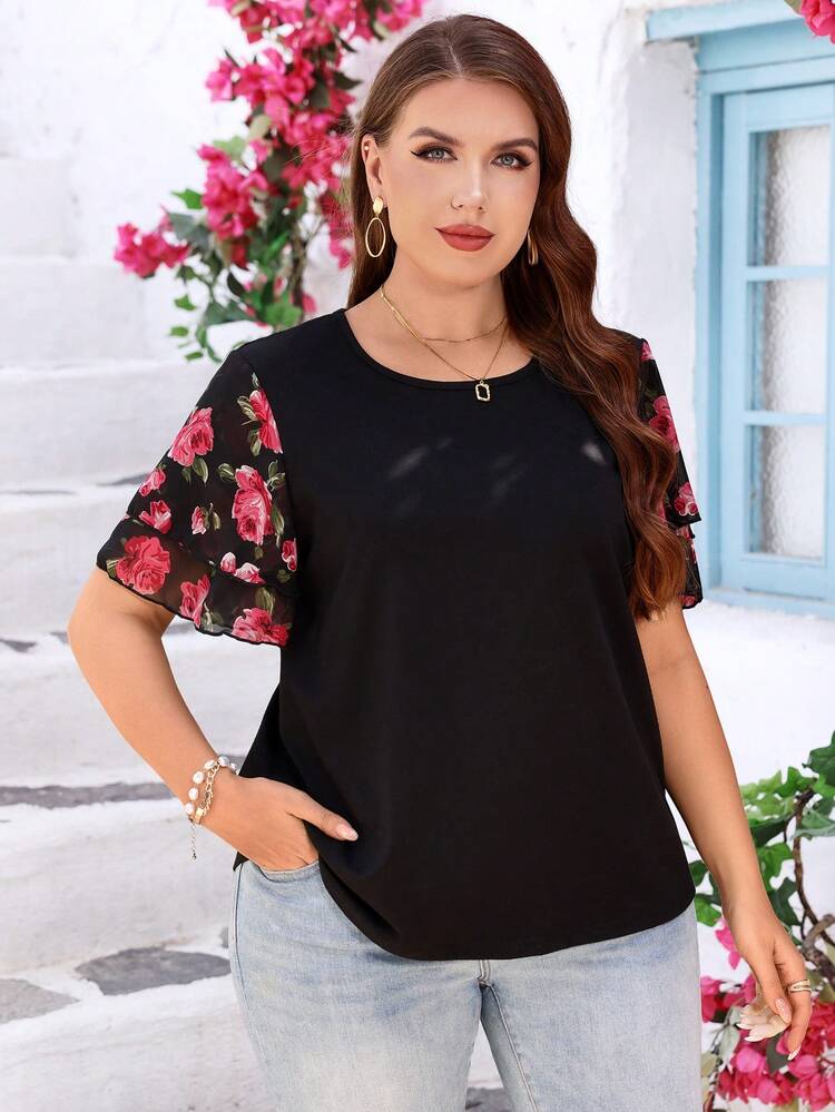 Plus Size Women's Summer Casual Vacation Elegant Floral Print Double Ruffle Sleeve Round Neck Patchwork Black T-Shirt, Casual Holiday Style,Summer Outfits For Women ,Vacation Outfits Women ,Holiday Outfits For Women,Going Out Outfits, New Clothes,Simple And Fashionable For Everyday Wear,Suitable For Summer, Vacation, Daily Wear, Festival Outfits For Women,Country Concert Outfit,Beach Outfits For Women,Gifts For Mother,Boho  Top