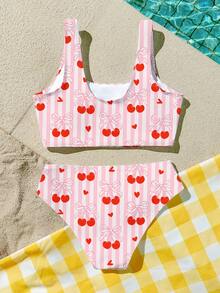 Bộ đồ bơi tankini kiểu dáng cổ điển dễ thương, kẻ sọc hồng, in hình nơ và quả anh đào, dành cho bé gái tuổi teen, phong cách tối giản, thích hợp cho mùa hè. - Nhiều màu - Xem 4