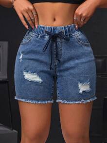 SHEIN SXY Quần short denim nữ có dây rút ở eo, túi, kiểu dáng rách gấu. - Màu xanh lam - Xem 2