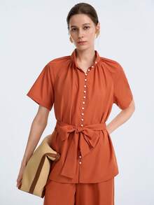 Aalyst 2 pezzi Set top a maniche corte con colletto arricciato e vita con laccio + pantaloni lunghi, adatto per appuntamenti, tè pomeridiano, laurea, pendolarismo - Arancione - Visualizzare 7