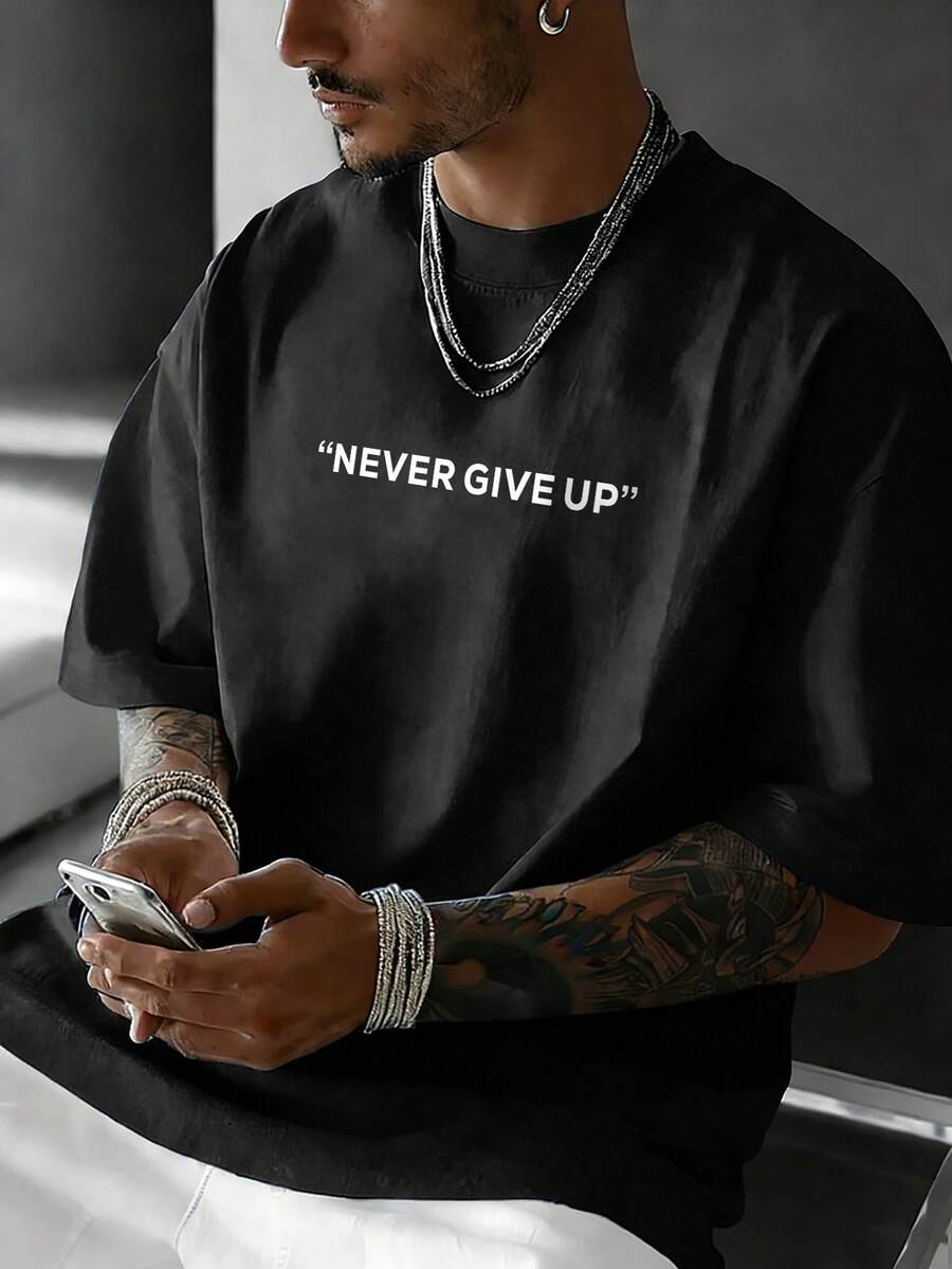 NEOREFINED Men's Slogan Print Round Neck Short Sleeve Casual Versatile T-Shirt - Black - View 1