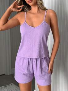 SHEIN Cotton Line Women Lilac Purple Comfy Cami Top And Ruffle Trim Drawstring Waist Shorts 2Pcs Pajama Set - Lilac Purple - View 3