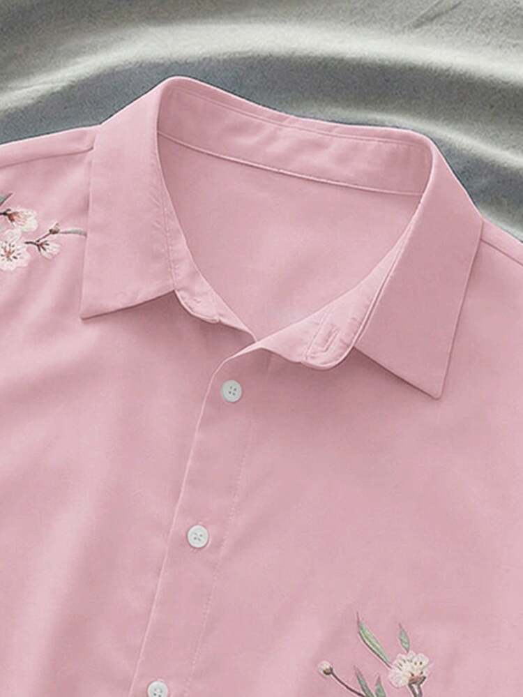 AXEPEAK Men's Floral Pattern Short Sleeve Single-Breasted Casual Shirt - Pink - View 7