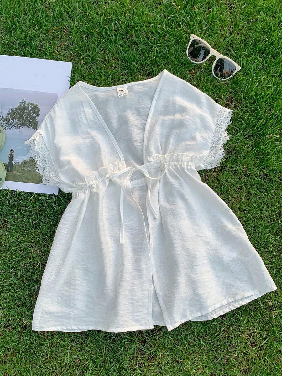 Young Girl Knitted Solid Color Off-Shoulder Loose Casual Cloak - White - View 1