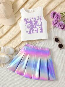 2pcs/Set Young Girls' White Printed Tank Top+Colorful Laser Holographic Pleated Skirt,Summer Casual Fashionable Versatile For Party Outing Vacation - Multicolor - View 5
