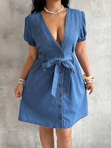 Breezaya 大码女式深V领单排扣短袖休闲牛仔连衣裙 女式牛仔连衣裙 女式连衣裙 V领连衣裙 短袖连衣裙 复活节服装 女式沙滩装 - 藍色 - 查看 1