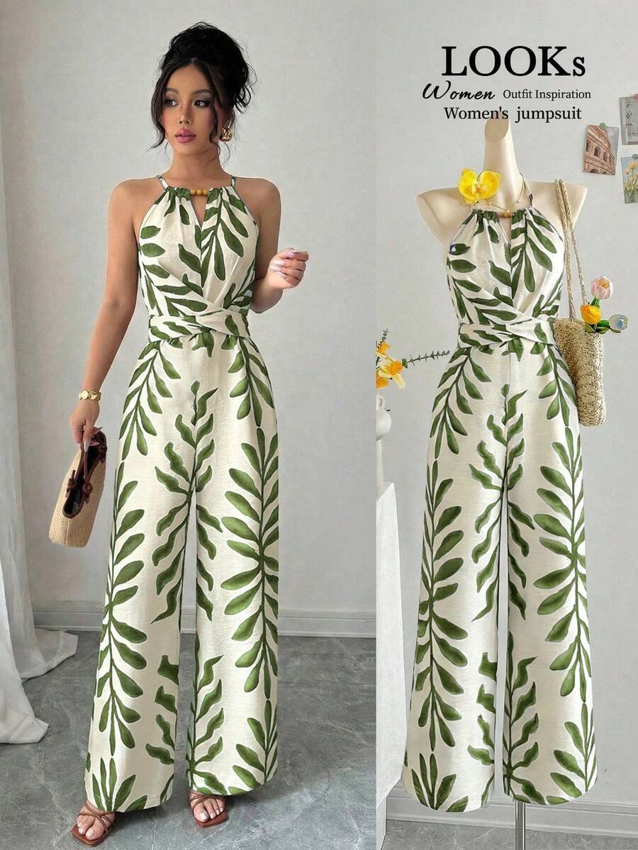 Women's Elegant Casual Beige Base With Brown Design Linen Fabric Halter Neck Beaded Design Waist Bow Tie Design Jumpsuit, Spring/Summer - Green - View 1