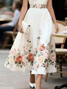 Balvessa Women's Elegant Floral Print A-Line Skirt - White - View 1