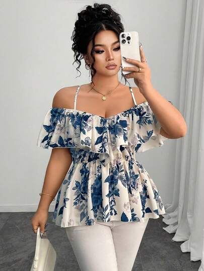 Elenzga Plus Size Elegant Off Shoulder Ruffle Hem A-Line Blouse, Spring/Summer