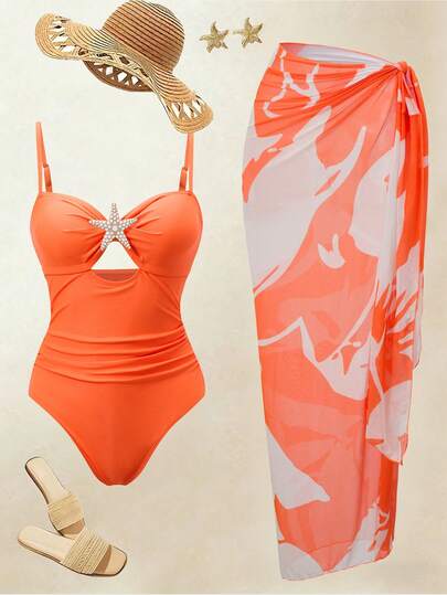 Swim Oasis 女士沙滩度假海星装饰连体泳衣罩裙